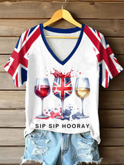 Women's Sip Sip Hooray British Wine Glasses V-neck Off-shoulder Short-sleeved T-shirt