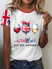 Women's Sip Sip Hooray Union Jack Wine Glass Short-sleeved T-shirt