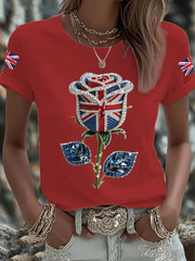 Women's British imitation diamond hot-drilling Printed Iron On Short Sleeve T-Shirt