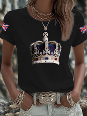Women's British imitation diamond hot-drilling Printed Iron On Short Sleeve T-Shirt