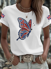 Women's British imitation diamond hot-drilling Printed short-sleeved T-shirt