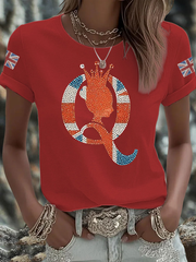 Women's British imitation diamond hot-drilling Printed Iron On Short Sleeve T-Shirt