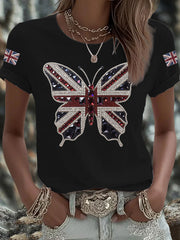 Women's British imitation diamond hot-drilling Printed Iron On Short Sleeve T-Shirt