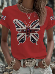 Women's British imitation diamond hot-drilling Printed Iron On Short Sleeve T-Shirt