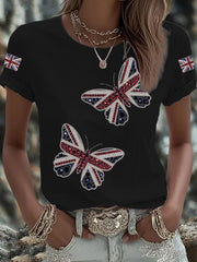 Women's British imitation diamond hot-drilling Printed Iron On Short Sleeve T-Shirt