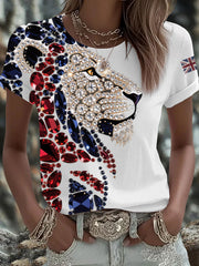 Women's British imitation diamond hot-drilling Printed Iron On Short Sleeve T-Shirt