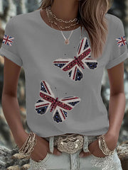 Women's British imitation diamond hot-drilling Printed Iron On Short Sleeve T-Shirt