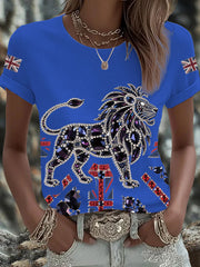 Women's British imitation diamond hot-drilling Printed Iron On Short Sleeve T-Shirt