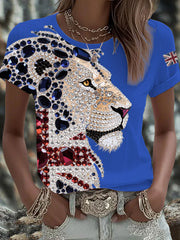 Women's British imitation diamond hot-drilling Printed Iron On Short Sleeve T-Shirt