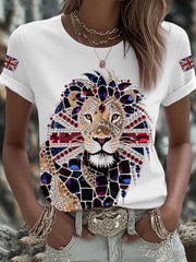 Women's British imitation diamond hot-drilling Printed Iron On Short Sleeve T-Shirt