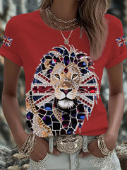 Women's British imitation diamond hot-drilling Printed Iron On Short Sleeve T-Shirt
