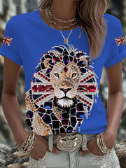 Women's British imitation diamond hot-drilling Printed Iron On Short Sleeve T-Shirt