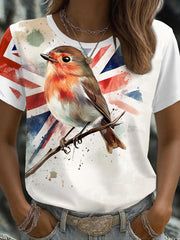 Women's UK Flag Art Robin Watercolor Printed T-shirt