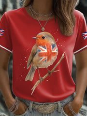 Women's UK Flag Art Robin Watercolor Printed T-shirt