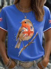 Women's UK Flag Art Robin Watercolor Printed T-shirt