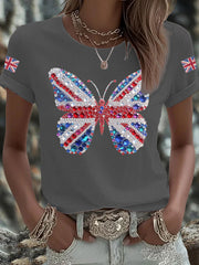 Women's British imitation diamond hot-drilling Printed Iron On Short Sleeve T-Shirt