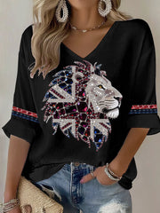 Women's British imitation diamond hot-drilling Printed Casual T-shirt