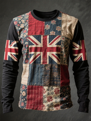 Unisex Union Jack and patchwork printed long sleeve round neck T-shirt