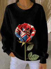 Women's British Rose Printed Ribbed Round-Neck Sweatshirt