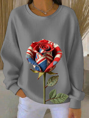 Women's British Rose Printed Ribbed Round-Neck Sweatshirt