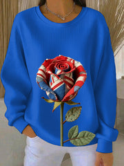 Women's British Rose Printed Ribbed Round-Neck Sweatshirt