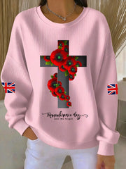 Women's Remembrance Day Lest We Forget Cross Ribbed Round-Neck Sweatshirt