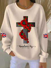Women's Remembrance Day Lest We Forget Cross Ribbed Round-Neck Sweatshirt