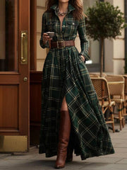 Women's Vintage Plaid Pattern Elegant Maxi Dress