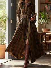 Women's Vintage Plaid Pattern Elegant Maxi Dress