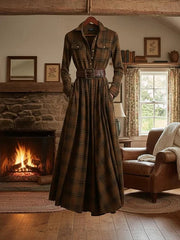 Women's Vintage Plaid Pattern Elegant Maxi Dress
