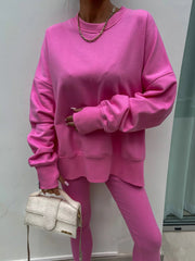 Women's Comfy Loose Slit Sweatshirt and Elastic Waist Tight Pants Set