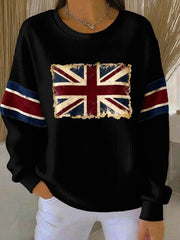 Women's British vintage flag print Ribbed Round-Neck Sweatshirt