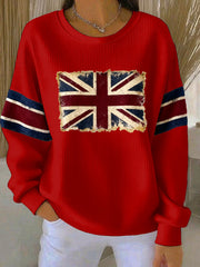 Women's British vintage flag print Ribbed Round-Neck Sweatshirt