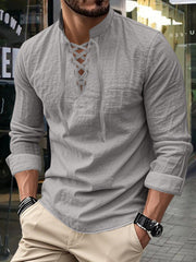 Men's Vintage Long Sleeved V-neck Linen Tops