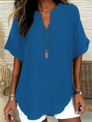 Women's Casual Solid-Color V-Neck Short-Sleeve Shirt