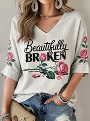 Women's Funny Mental Health Floral Art Printed Linen T-shirt