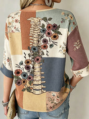 Women's Funny Mental Health Floral Art Printed Linen T-shirt