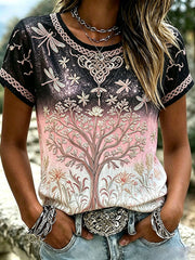 Women's Viking Tree Of Life & Dragonfly Print Linen Short-sleeved T-shirt