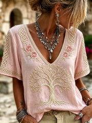 Women's Pink Roses Classy Tree of Life Celtic Knot linen short-sleeved T-shirt