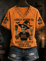 Women's Funny Halloween Skull Witch Print Casual V-Neck Tee