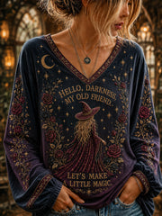 Women's Hello Darkness My Old Friend Halloween Witch Print V-neck T-shirt