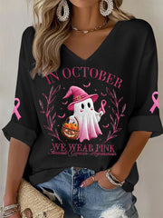 Women's In October We Wear Pink Halloween Pink Ghost Breast Cancer Awareness Support Long Sleeve Top