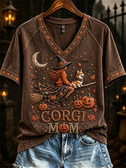 Women's Halloween Fall Corgi Mom Witch & Dog Print short-sleeved T-shirt