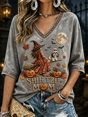 Women's Halloween Fall Shih Tzu Mom Witch & Dog Print Mid-length Sleeves V-Neck T-Shirt