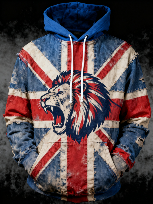 Men's  British lion combined with retro old style Printed Oversized Drop-Shoulder Hoodie with Pockets