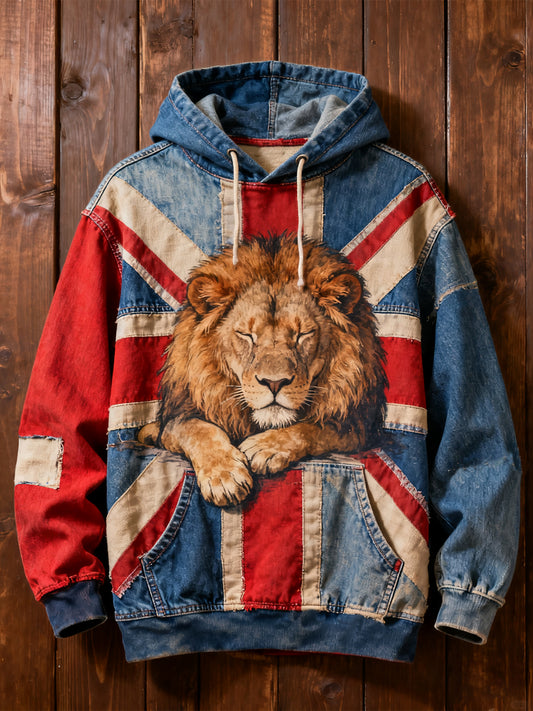 Men's Vintage England Flag Lion Oversized Drop-Shoulder Hoodie with Pockets