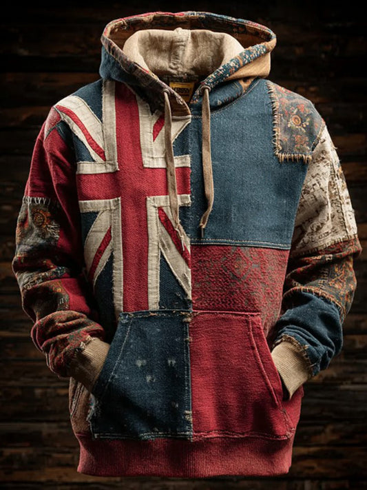 Men's Vintage England Flag Patchwork Printed Hoodie