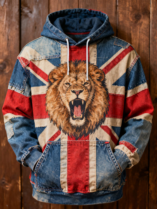 Men's Vintage England Flag Lion Oversized Drop-Shoulder Hoodie with Pockets
