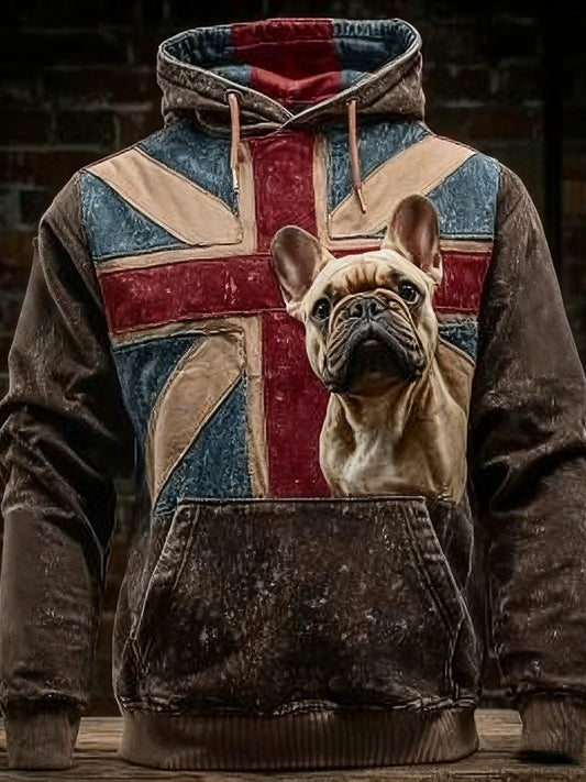 Men's Vintage England Flag French Bulldog Printed Hoodie