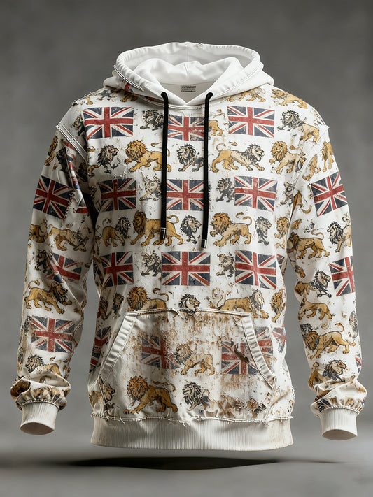 Men's Vintage England Flag Lion Printed Hoodie